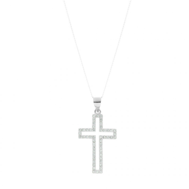 Srebrny łańcuszek ANKIER krzyżyk z BIAŁYMI CYRKONIAMI Chrzest Święty