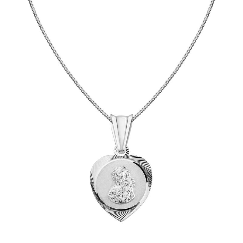 Srebrny komplet MEDALIK z łańcuszkiem serce kostka KOMUNIA